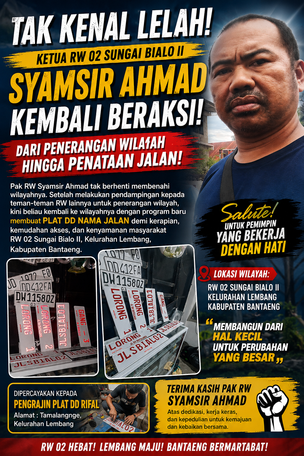 Tak Kenal Lelah Membangun Wilayah, Ketua RW 02 Sungai Bialo II Syamsir Ahmad Kembali Beraksi dengan Program Plat Nama Jalan
